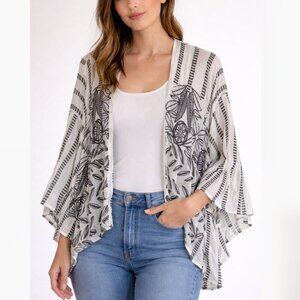 Anthro Akemi & Kin One Size Boho Kimono Open Front Black White Print Cardigan
